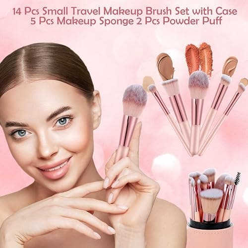14 Pcs Small Travel Makeup Brush Set Portable Pink Make up Brushes with Case,5 Pcs Makeup Sponge,Valentine's Day Gift,Mother's Day Gift for Foundation Powder Concealers Eye Shadows(Pink) thumbnail 2