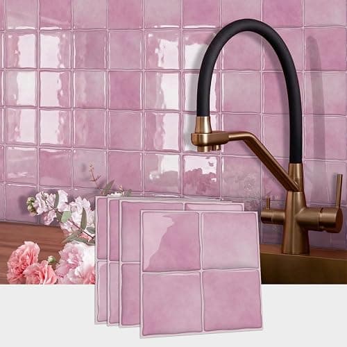 Alwayspon 15x15cmx10Stk 3D selbstklebende Wandfliesenaufkleber, Abzieh- und Aufklebefolie, wasserdichte Spritzschutzfliesenaufkleber zum Aufkleben für Küche, Badezimmer, Wand, Rosa thumbnail 3