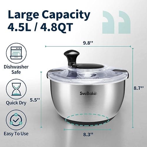 SveBake Stainless Steel Salad Spinner, 4.8 Qt Vegetable Washer, BPA-Free Lettuce Dryer with Crank Design, Dishwasher Safe, Non-Slip Base - Transparent Lid thumbnail 3