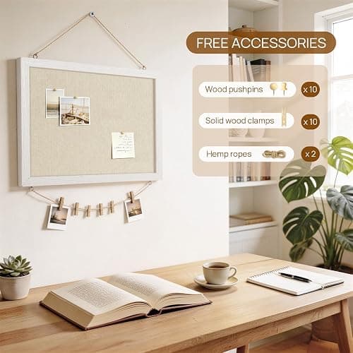 DOLLAR BOSS Double-Sided Bulletin Boards with Linen, 16"x12" 1PC Cork Board | Corkboards for Walls, Small Pin Board, Wood Framed, Decorative Hanging, For Home Kitchen Office, 10 Pushpins 10 Clips thumbnail 4