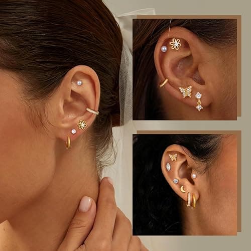 14K Gold Plated Earrings Set for Women | Small Hoop & Stud Earrings for Sensitive Ears | Stackable Flat Back Jewelry for Multiple Piercings | Dangle & Huggie Earring Gift Set thumbnail 2