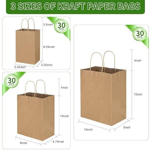 Toovip 90 Pack Plain Brown Kraft Paper Bags with Handles Bulk, Multiple 3 Assorted Sizes Gift Bags for Favors Grocery Retail Party Birthday Shopping Business Goody Craft Merchandise Take Out Sacks thumbnail 6