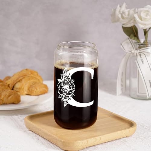 Coolife Initial Glass Cup, Monogrammed Gifts for Women, 16 oz Glass Cups w/Lids Straws, Iced Coffee Smoothie Beer Tumbler w/Straw Lid, Personalized Valentines, Birthday Gifts for Her Mom Friend Woman thumbnail 7