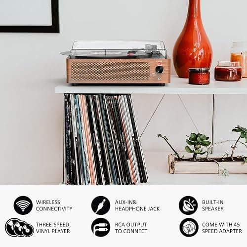 Seasonlife® Vinyl Record Player with Speakers,Retro Brown Vintage Turntable | All-in-one Beginner LP Players,Wooden Old-school Phonograph,Belt-Driven,3-Speed,BT Wireless Input,Headphone,AUX,RCA,Auto Stop thumbnail 5