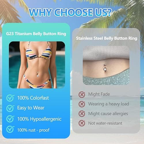 D.Bella 14G Stainless Steel Belly Button Rings 10mm 3/8" Barbell Belly Navel Rings Piercing for Women thumbnail 3