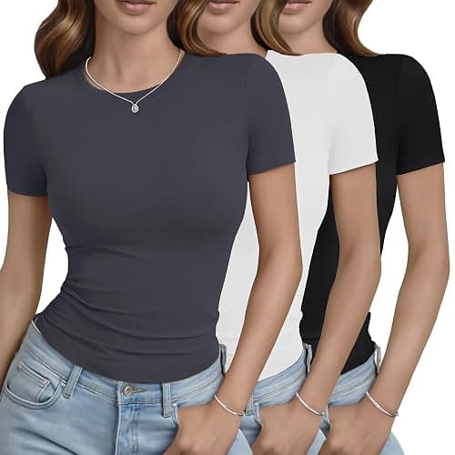GAYHAY 3 Pack Basic Tees for Women - Crew Neck Slim Fit Tight T Shirts Cute Y2K Trendy Crop Tops Clothes for Casual Summer - Image 1