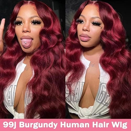 METDIO 99J Burgundy wig human hair 13x4 body wave lace front wigs human hair 180 Density Pre Plucked Glueless Wine red colored lace front wig for Women 26inch thumbnail 5