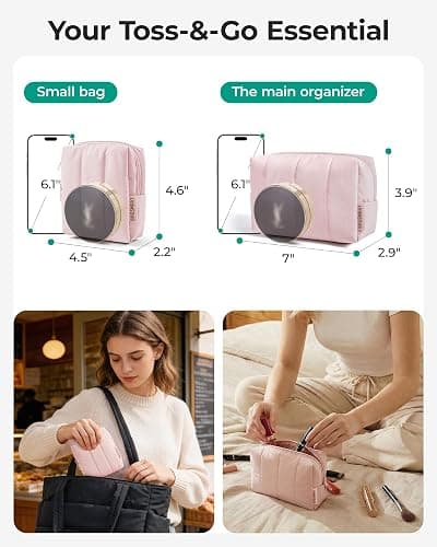 BAGSMART Makeup Bag Duo Set, Puffy Padded Travel Cosmetic Organizer with Slip-in Pockets, Large Toiletry Bag & Small Purse Pouch, Travel Essentials for Women, Black thumbnail 3