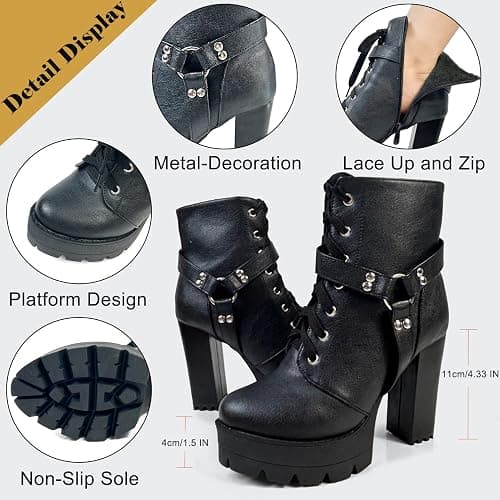 MEOTINA High Heel Boots for Women Black Heeled Chunky Heel Boot Platform Goth Shoes Lace Up Ankle Booties with Zipper thumbnail 6