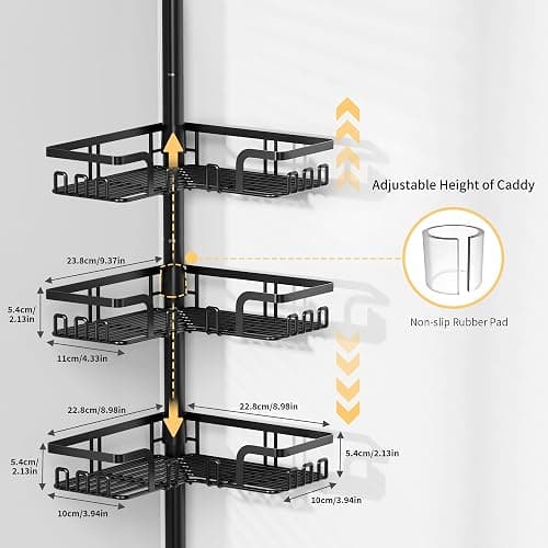 ZUNTO Tension Pole Shower Caddy with 2 Towel Holder and Hooks for Bathroom, Adjustable 25in-114in Floor to Ceiling Shower Organizer, Standing 4 Tier Corner Shelves for Storage and Hanging, Matte Black thumbnail 4