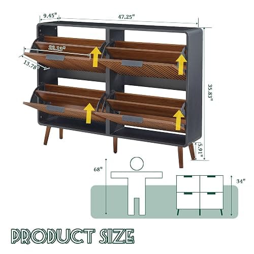 47" Fluted Large Shoe Cabinet with 4 Flip Drawers, Slim Freestanding Shoe Cabinet Organizer, Narrow Shoes Storage Rack for Entryway, 5 Sturdy Legs (Walnut and Black, 9.45" D x 47.24" W x 35.83" H) - Walnut and Black - 9.45"D x 47.24"W x 35.83"H thumbnail 2