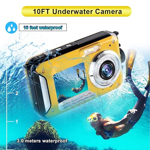 Waterproof Digital Camera Underwater Camera Full HD 2.7K 48 MP Video Recorder Selfie Dual Screens 16X Digital Zoom Flashlight Waterproof Camera for Snorkeling (Yellow) thumbnail 3