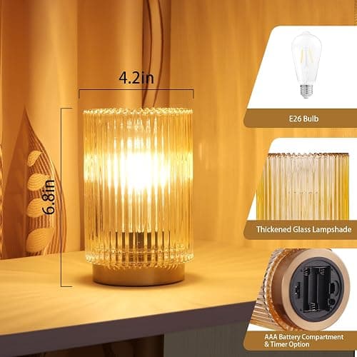 Mirasium Battery Operated Lamp, Cordless Table Lamp with Timer, Desk Bedside Lamps with LED Warm Light, Glass Small Table Lamp for Bedroom, Bathroom, Living Room, Home Decor - Amber thumbnail 2