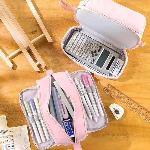 MAMUNU Large Capacity Pencil Case 4 Compartments, Big Pen Pouch with Zipper Portable Handle, Aesthetic Pencil Case Bag Stationery Organizer for Office College School Teen Girl Boy Men Women, Pink thumbnail 2