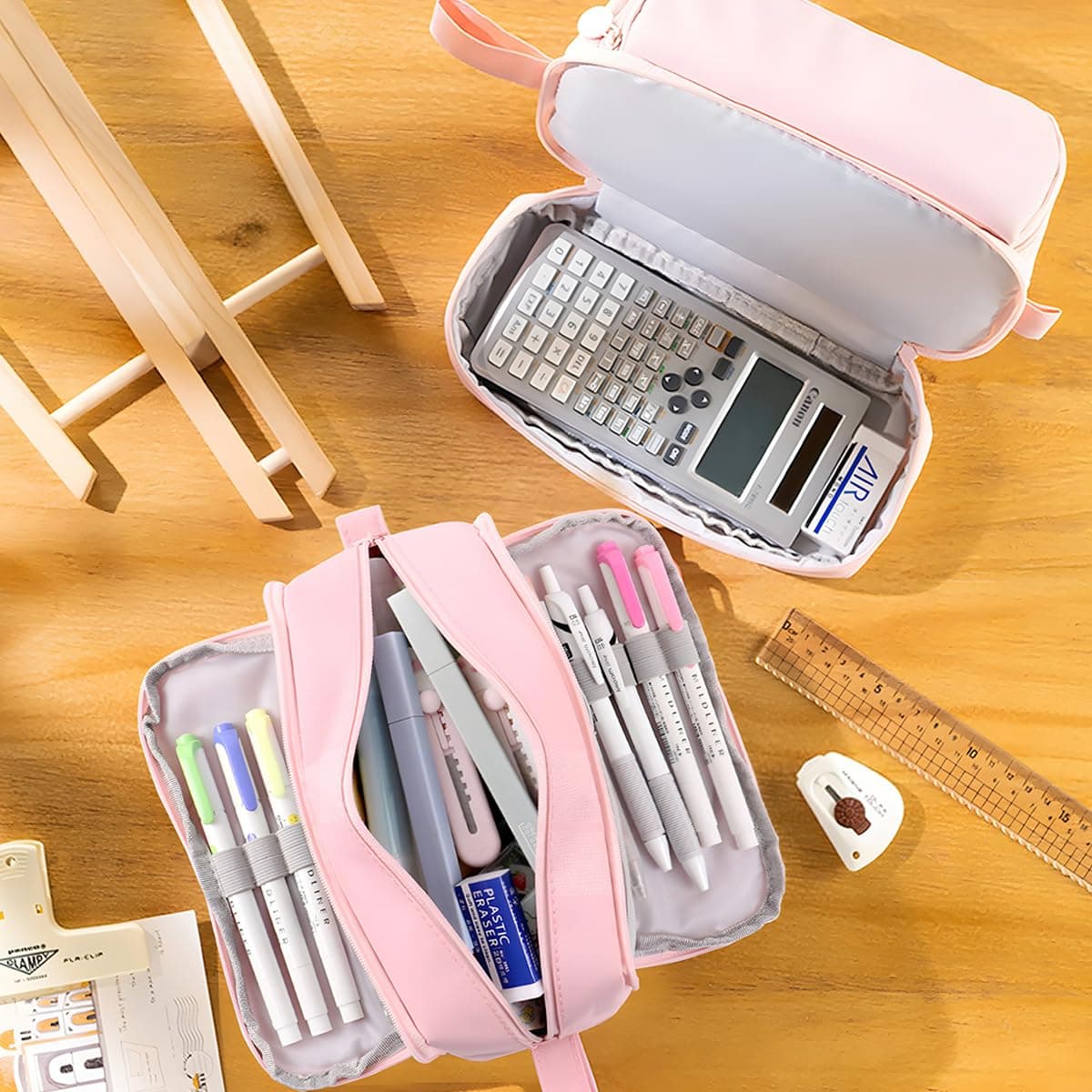 MAMUNU Large Capacity Pencil Case,Big Pen Pencil Pouch 3 Compartments Adult, Expandable Pencil Case with Portable Handle,School Stationery Organizer,Travel Makeup Cosmetic Bag, Pink, Make-Up Pouch thumbnail 2