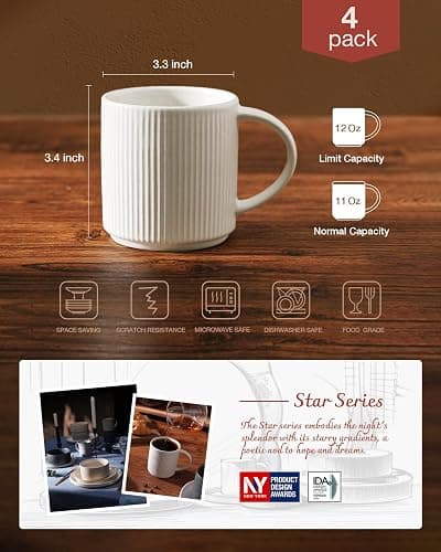famiware Coffee Mug Set for 4, Star 12 oz Catering Mugs Cup Set with Handle for Coffee, Tea, Cocoa, Milk - Ceramic Stoneware Drinkware Set, Matte White + Matte Black thumbnail 3