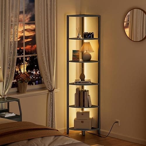 Furnulem 6 Tier Corner Shelf with LED Light, 67.5” Tall Standing Shelf Organizer, Black Narrow Bookshelf with Storage Rack for Wall Corner, Living Room, Bedroom, Metal Frame, Wood Display Shelf thumbnail 3