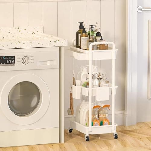 LLMRR 3 Tier Rolling Utility Cart with Drawer, Plastic Storage Organizer Rolling Carts with Wheels Handles Hanging Cups Hooks for Office, Bathroom, Kitchen,Craft Art Room (White) thumbnail 6
