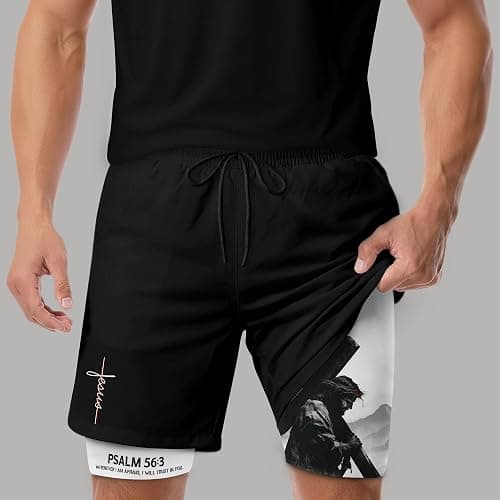 GritSon Psalm 56:3 Christian Shorts for Men, Mens Gym Clothes, Mens Shorts with Liner, Work Out Shorts Gym for Men 2 (M) thumbnail 2