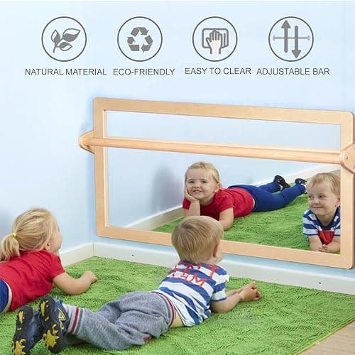 KRAND 3-Position Montessori Wood Frame Non-Shatter Safety Pull Up Bar Baby Big Mirror Set, Infant Coordination Mirror, Kids Classroom Furniture for Daycare, Homeschool or Preschool thumbnail 7