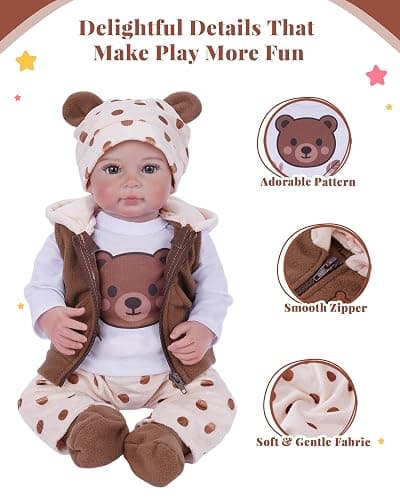 BABESIDE Reborn Baby Doll Clothes for 17-22 Inch Dolls, 5 Pcs Baby Doll Clothes Set with Bear Hat, Jacket, Shirt, Pants and Socks, Baby Doll Accessories Outfit for Pretend Play, Kids Ages 3+ thumbnail 3