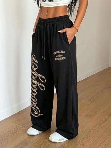 ZAFUL Womens Wide Leg Sweatpants Y2K Gothic Graffiti High Waisted Lounge Pants Athletic Joggers Pants with Pockets thumbnail 6