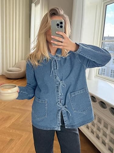 PLNOTME Womens Jean Jacket Tie Front Denim Shacket Tops Fall Fashion Long Sleeve Shirts Coat with Pockets thumbnail 2