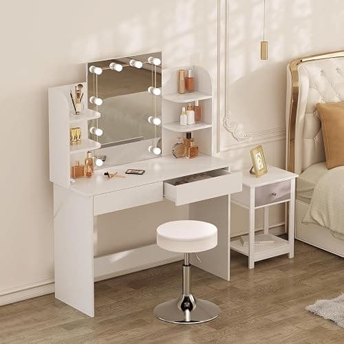 WOLTU Coiffeuse avec Miroir LED, Coiffeuse avec Tabouret Réglable en Hauteur, Table de Maquillage avec 2 Tiroirs 4 Étagères Ouvertes, 108x40x142cm, Bureau Coiffeuse Blanche en Bois, MB6106ws thumbnail 3