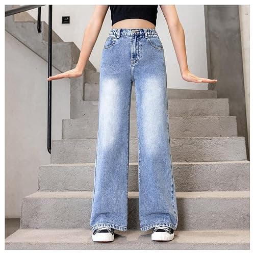 WDIRARA Girl's Bow Print Back Zipper Fly Elastic High Waist Denim Pants Basic Wide Leg Jeans thumbnail 5