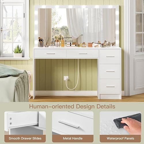 usikey 47.2" Large Vanity Desk with Lighted Mirror, 14 Lights, Makeup Vanity Table with 5 Large Drawers & Charging Station, Makeup Vanity Desk, Vanity Table Set for Bedroom, White thumbnail 6