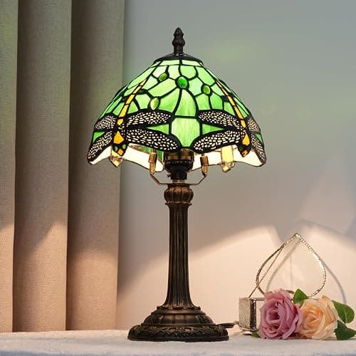 wecrejoni Tiffany Lamp Green Dragonfly Stained Glass Table Lamp 8X8X14 Inches Green Dragonfly Style Desk Reading Light Decor Beside Bedroom Living Room Home (H1057-Green Dragonfly) thumbnail 8