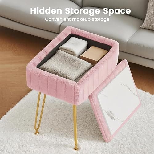 FUXA Vanity Stool with Storage, Pink Vanity Chair 4 Metal Legs with Anti-Slip Feet, Faux Fur Soft Padded Seat, Cute Small Footstool Ottoman, Modern Multifunctional Chairs for Makeup Bedroom thumbnail 4