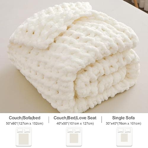 Mooreeke Chunky Knit Blanket 40"x50" White Cream Soft Washable Chenille Throw Blanket Cozy 100% Handmade Crochet Blankets with Jumbo Chenille Yarn for Couch Bed Sofa Room Decor thumbnail 2