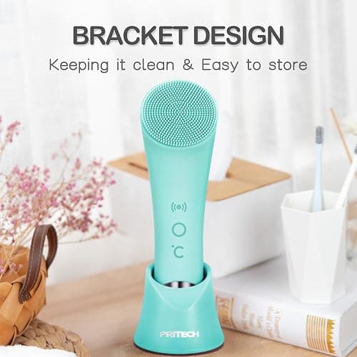 PRITECH Silicone Face Scrubber, Rechargeable Facial Cleansing Brush with Heat Massage End, Vibrating Exfoliator Scrubber for Deep Cleaning, Waterproof Face Brush for Women and Men (Green) thumbnail 9