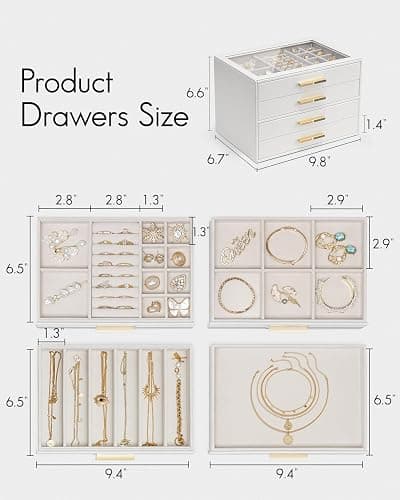 Vlando Jewelry Box for Women, Glass Lid Jewelry Organizer with 4 Drawers for Necklaces Rings Earrings Bracelets Christmas Gift - White thumbnail 3