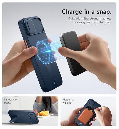 SURITCH for iPhone 14 Plus/15 Plus Case with Magnetic Camera Slide Cover and Adjustable Kickstand, Compatible with MagSafe, Shockproof Bumper Case Slim Protective Cover 6.7 Inch, Blue thumbnail 3