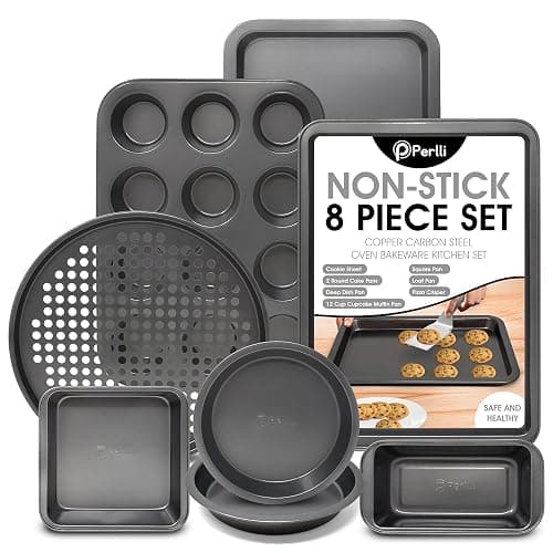 PERLLI Non-Stick 8-Piece Bakeware Set – Carbon Steel with Even Heat Distribution, Oven Safe to 446°F, BPA-Free, Dishwasher Safe, Stackable Baking Tools for Easy Storage and Everyday Cooking - Gray - Image 1