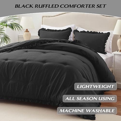 HARBOREST Full Comforter Set Black - Ruffle Bedding for All Seasons, 3 Pieces Shabby Chic Set (1 Comforter & 2 Pillow Shams) thumbnail 2
