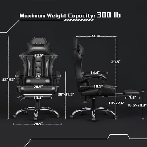 Yaheetech Gaming Chair, Video Game Chair with Massage Lumbar Support and Footrest Height Adjustable Ergonomic Computer Chair with Swivel Seat and Headrest, Full Black thumbnail 3