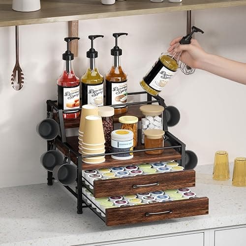 Homsorout Coffee Syrup Rack Organizer - 4-Tier 8 Syrup Wine Bottles Stand with 82 Storage Drawer for K Cups, Coffee Pod Holder for Countertop, Bar Station, Kitchen, Rustic Brown thumbnail 7