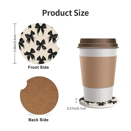 GUCIUU Car Coasters for Cup Holder 2 Pack - Black Bow Tie | 2.56 Inch Absorbent Ceramic Drink Cup Coasters for Car, Anti-Slip Cork Base Interior Accessories for Women & Men thumbnail 2