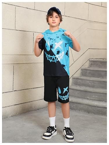 WDIRARA Boy's Two Piece Graphic Print Hooded Neck Tops and Track Shorts Clothing Set thumbnail 7