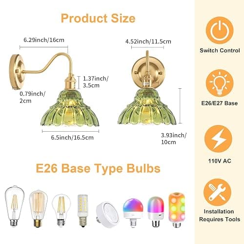 Shenmoyl Battery Operated Wall Sconce Set of 2, Vintage Rechargeable Wall Lights with Green Lily Glass Shade, Wireless Indoor Wall Lamp with Remote for Bedroom Living Room Bathroom thumbnail 8