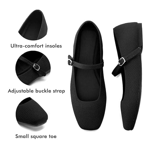 Soesyi Knit Flats for Women Square Toe Flats Casual Ballet Flats with Ankle Strap,Mary Jane Shoes Women Comfortable for Dressy Office thumbnail 6