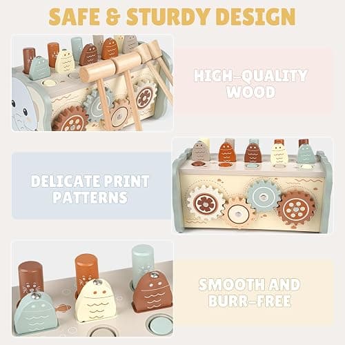 Joyreal Wooden Montessori Toys for 1 Year Old Hammering Pounding Toys | Xylophone, Fishing Game, Gears, Educational Toddler Activities, Christmas Birthday Gifts for 1 2 3 Year Old, Neutral Color thumbnail 7