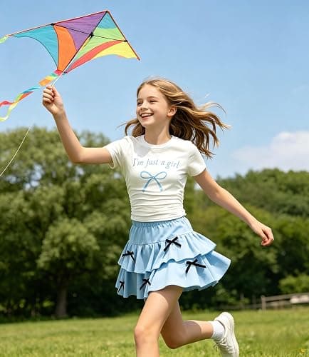 FJLSJSW Teenage Girls Skirt Set 2 Piece Short Sleeve Top Shirred Tiered Skirt Outfit Skirt for Teen Girls 7-13 Years thumbnail 5