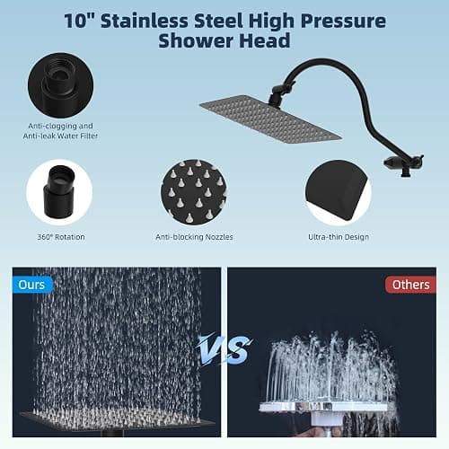 Hibbent All Metal High Pressure Rainfall 10'' Shower Head, CUPC Certified Handheld Showerhead Combo, 12'' Adjustable Shower Extension Arm, 10-Spray, 71'' Hose, Adhesive Showerhead Holder, Matte Black thumbnail 6