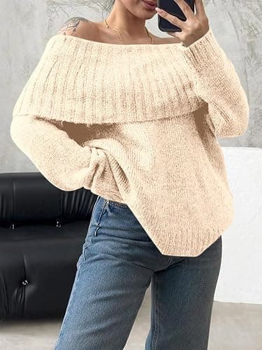 Saodimallsu Womens Off The Shoulder Sweaters Oversized Long Sleeve Loose Ribbed Knit Fall Trendy Pullover Tops thumbnail 3