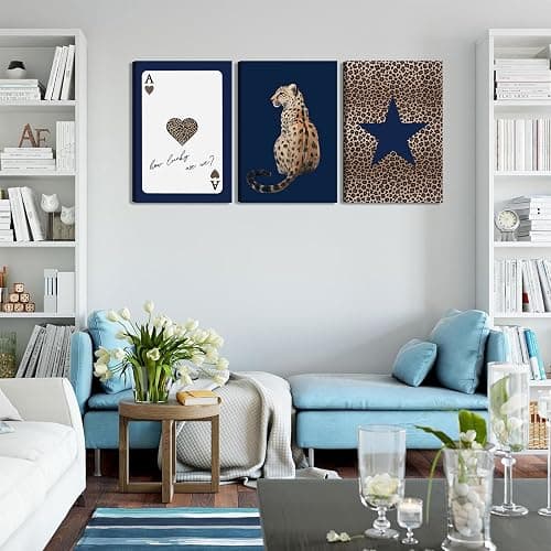 KLXCAJAM 3Pcs Navy Leopard Canvas Wall Art Cheetah Vintage Prints Wall Decor Navy Blue Star Painting Pictures Lucky Trendy Artwork for Gallery Preppy Luxury Home Decoration 12x16in thumbnail 2