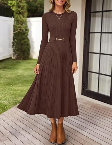 ZESICA Women's Long Sleeve Midi Sweater Dress 2025 Fall Crewneck Knit A Line Pleated Flowy Long Dresses with Belt thumbnail 2